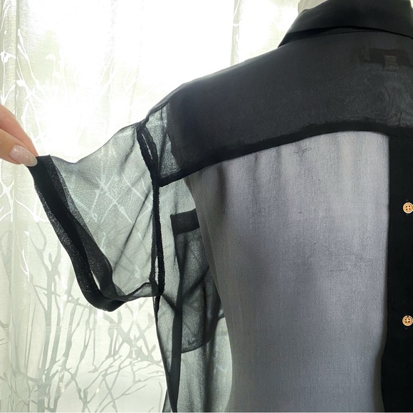 OPENING CEREMONY SHEER BLACK FRONT BACK BUTTON UP COLLARED SHORT SLEEVE TOP - Picture 7 of 11